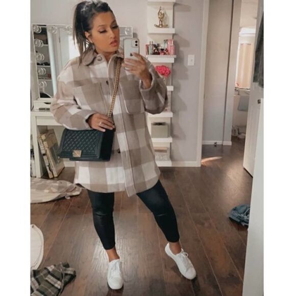 Oversized Shirt Plaid Jacket Shacket Neutrals New - Picture 7 of 16